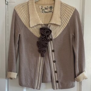 Anthologie Women's Sweater - Cream and Brown with knit  flower detail. Size XS